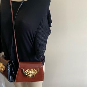 Vintage Sasha BROWN leather long straps purse with bold lion heads